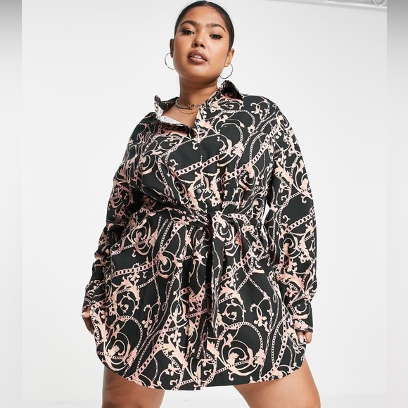 ASOS Design Curve Belted Twill Mini Swing Shirt Dress in Chain Print - Picture 1 of 14